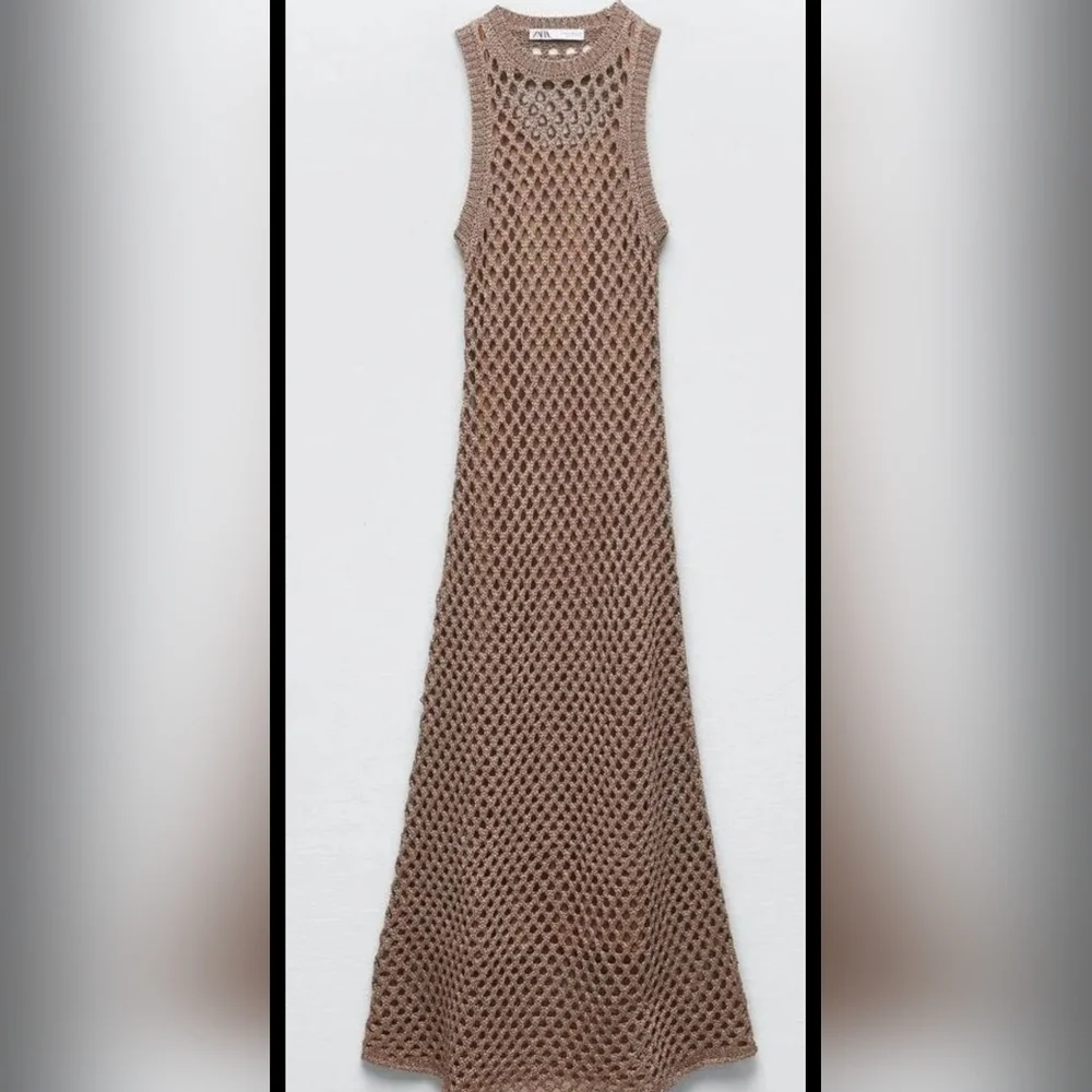 Zara Metallic Crochet Fishnet Midi Dress Gold Open Knit Cover Up Size Small - Picture 11 of 16
